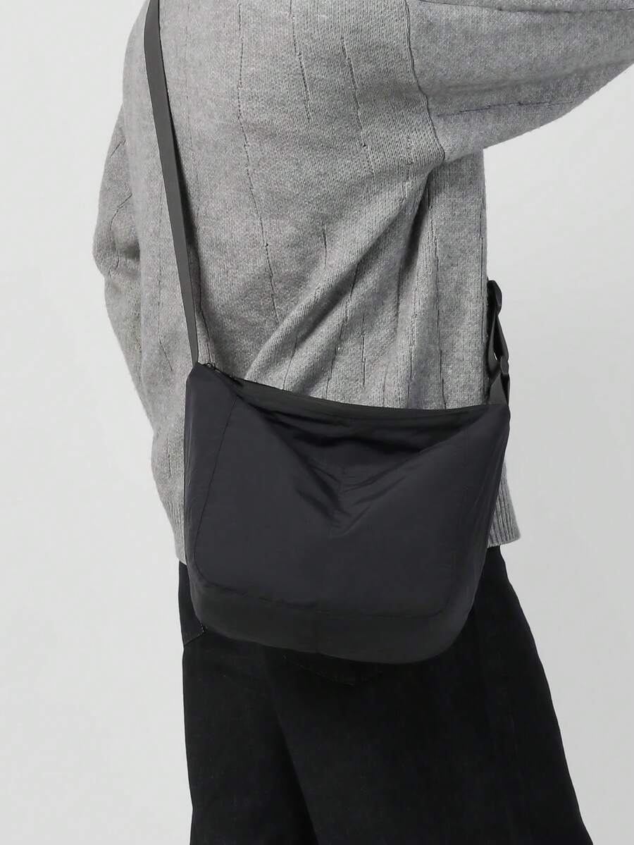 新款男士斜挎包，时尚百搭，简约纯色单肩包，适合日常户外休闲旅行、通勤，大容量，男士轻便斜挎包 - 黑色 - 查看 1