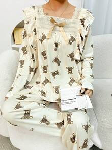 2 piezas Conjunto de pijama para mujer, parte superior de manga larga con estampado de oso lindo y lazo, pantalones cómodos con estampado de oso, adecuado para uso casual en primavera/otoño - Albaricoque - Ver 2