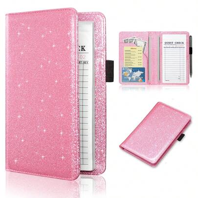 Server Books For Waitress, Guest Book Note Pad, Cute Pocket Leather Money Organizer Wallet, Cash Check Bill Receipt Holder Presenter, Waiter Accessories, Glitter Pink