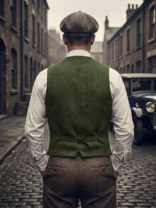 Hunting Aged Men's Tweed Vests Herringbone Waistcoats Retro Casual Wool Business Vest For Wedding Groomsmen, Slim Fit Suit Waistcoat - 軍綠色 - 查看 2