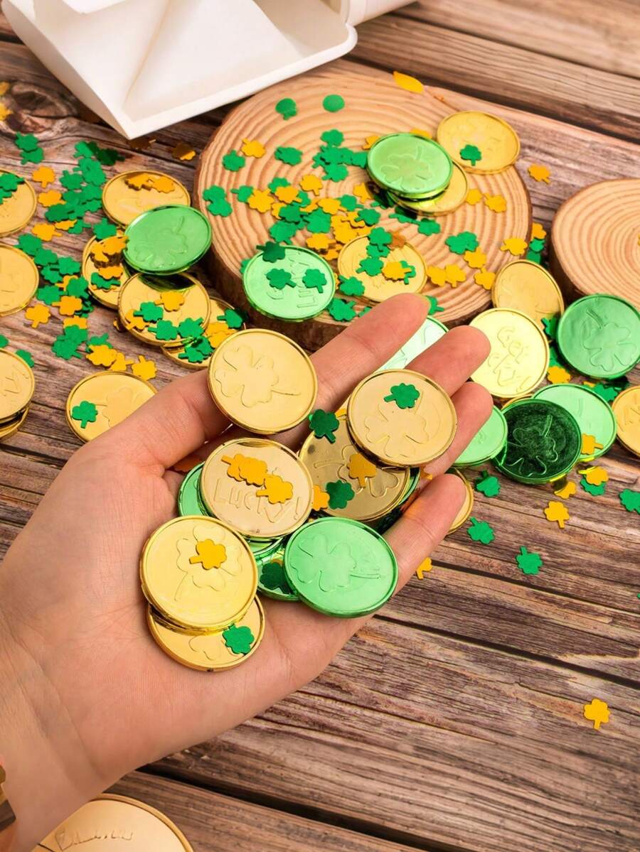 St Patrick's Day Gold And Green Lucky Coins,St Patricks Day Decorations, Shamrock St Patricks Day Coins, Gold Green Lucky Coins Fake Coins Plastic Coins St Patricks Day Gold Coins, Shamrock Decoration St Patricks Day Party Favor Shamrock Leprechaun Coins For Irish Party Table Decorations;