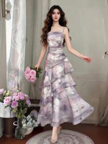 优雅亮片印花雪纺派对连衣裙，女士新款返校舞会吊带荷叶边仙女裙，修身生日套装，茶会睡袍，春夏款