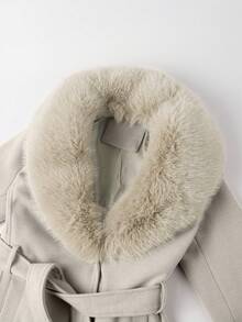 Women's Wool Blend Coat With Faux Fur Collar, Cuffs And Belt - Fashionable Long Jacket For Cold Weather - Beige - View 7