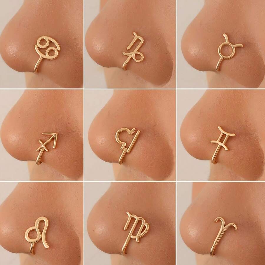 A Set Of Vintage Sexy Copper Zodiac Nose Rings, 12 Geometric U-Shaped Nose Clips Jewelry, Elegant High-End Women's Nose Accessories, Suitable For Daily And Party Wear, No Power Required - 黃金癌症 - 查看 1