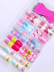 NAIO 120 Pcs/Set Y2K Baddie Style Kids Press-On Nail Stickers, Acrylic Material, Pre-Coated Gel, Full Coverage, Sparkly And Cute Patterns Including Bows, Ice Cream, Cakes, Donuts And Star Elements, Short Adhesive Nail Stickers, Comes With 3 Pcs Of Jelly Gel And 3 Pcs Of Nail File, Perfect For Little Girls - Cute Food Party Theme. Nail Supplies Nails - Multicolor - View 3