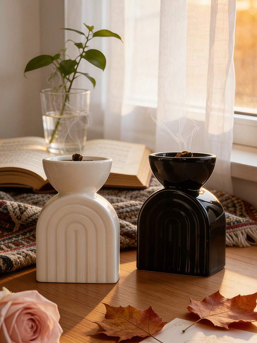 1个现代简约白色陶瓷香炉，金色镶边 - 时尚家居香氛架，适用于冥想、瑜伽和放松 | 装饰性桌面香薰扩散器，适用于客厅、卧室和办公室 | 中世纪拱形设计，带香锥/香棒烟灰缸 | 家居装饰爱好者的完美礼物 - 彩色 - 查看 1
