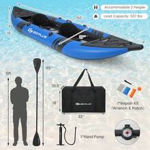 COSTWAY Inflatable Kayak Set Portable 2-Person Kayak With Aluminium Oars EVA Padded Seat Blue/Red - Blue - View 8