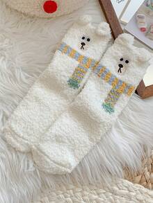 1 par de calcetines largos de tobillo cálidos, suaves y esponjosos de color rosa liso y sólido con bordado de oso para niños grandes en otoño e invierno - Marrón - Ver 15