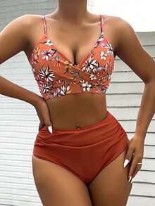 Bộ bikini mùa hè mới, đồ bơi 2 mảnh thời trang, kiểu dáng châu Âu & Mỹ với họa tiết hoa, dây chéo, cạp cao, đồ bơi gợi cảm, dây mảnh, thích hợp cho kỳ nghỉ biển, giữ ấm mùa xuân. - Màu Cam san hô - Xem 1