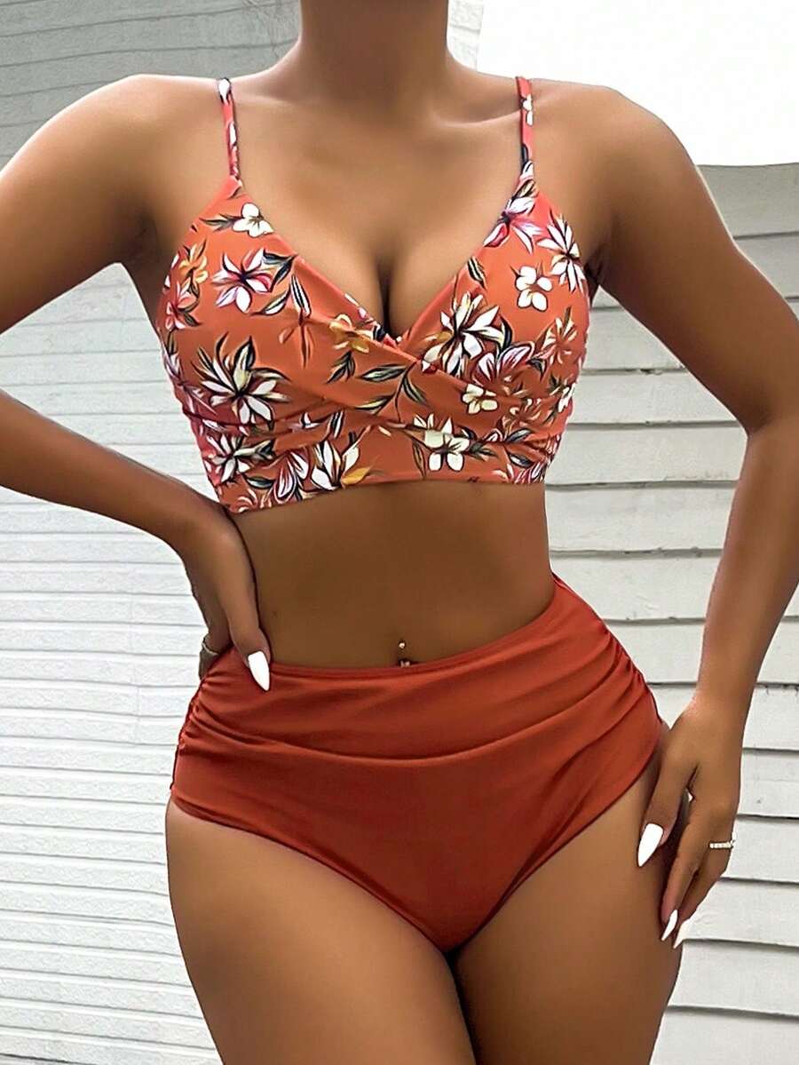 Bộ bikini mùa hè mới, đồ bơi 2 mảnh thời trang, kiểu dáng châu Âu & Mỹ với họa tiết hoa, dây chéo, cạp cao, đồ bơi gợi cảm, dây mảnh, thích hợp cho kỳ nghỉ biển, giữ ấm mùa xuân. - Màu Cam san hô - Xem 1