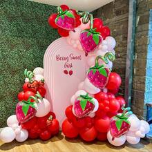 Kit de arco de balões com 133 peças, incluindo balões rosa e vermelhos com balão metalizado de morango, balão vermelho com bolinhas e balão verde para decoração de festa de aniversário de menina com tema de morango (primeiro aniversário/primeiro aniversário). - Multicolorido - Ver 3
