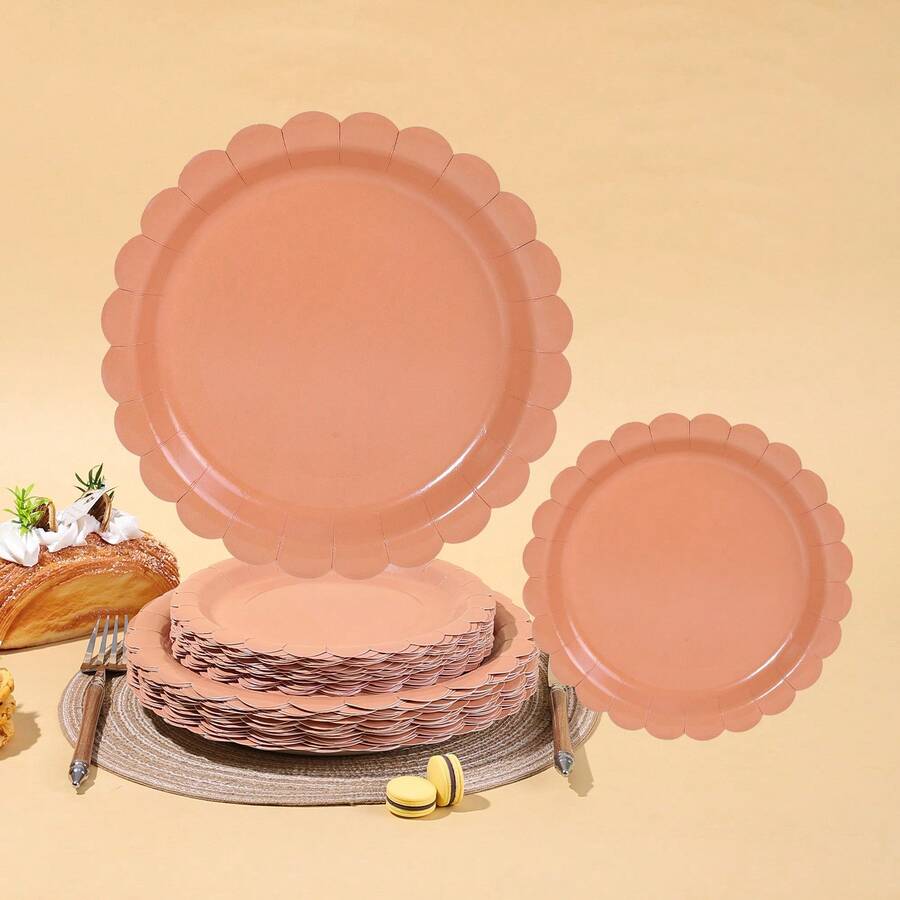 10pcs/20pcs/40pcs/Set Brown Scalloped Paper Plates - 7 Inch And 9 Inch Plain Scalloped Disposable Tableware Set, Suitable For Back To School, Wedding, Birthday Party Decor, Dining Table Decor And Other Occasions. - Brown - View 1