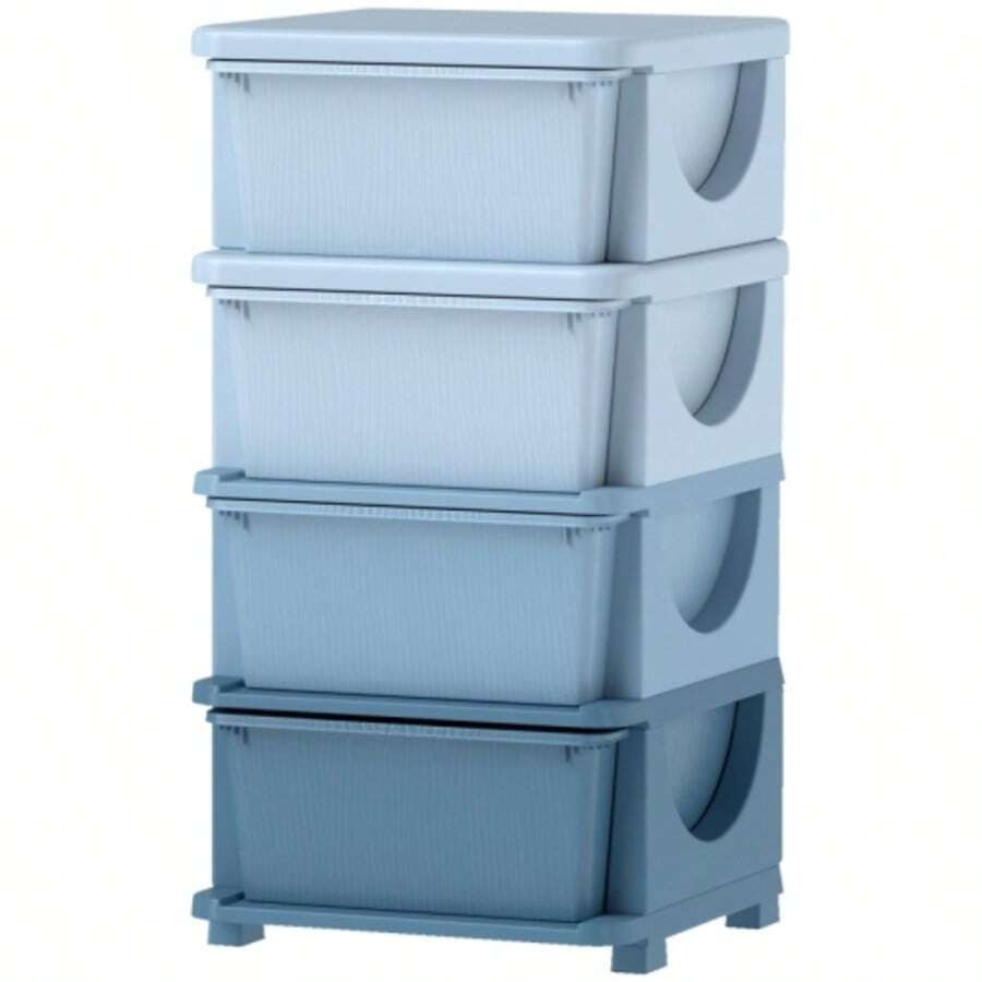 Children's Storage Boxes, 4 Drawers, Rounded Edges, Embossed Pattern, Plastic, Blue