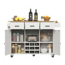 Dining Trolley, Kitchen Trolley, Removable Dining Trolley With Worktop, Towel Rack And Spice Rack, Adjustable Dividers, Buffet Cabinet, Kitchen Cabinets, Tabletop With Wood Grain, White - 白色 - 查看 11