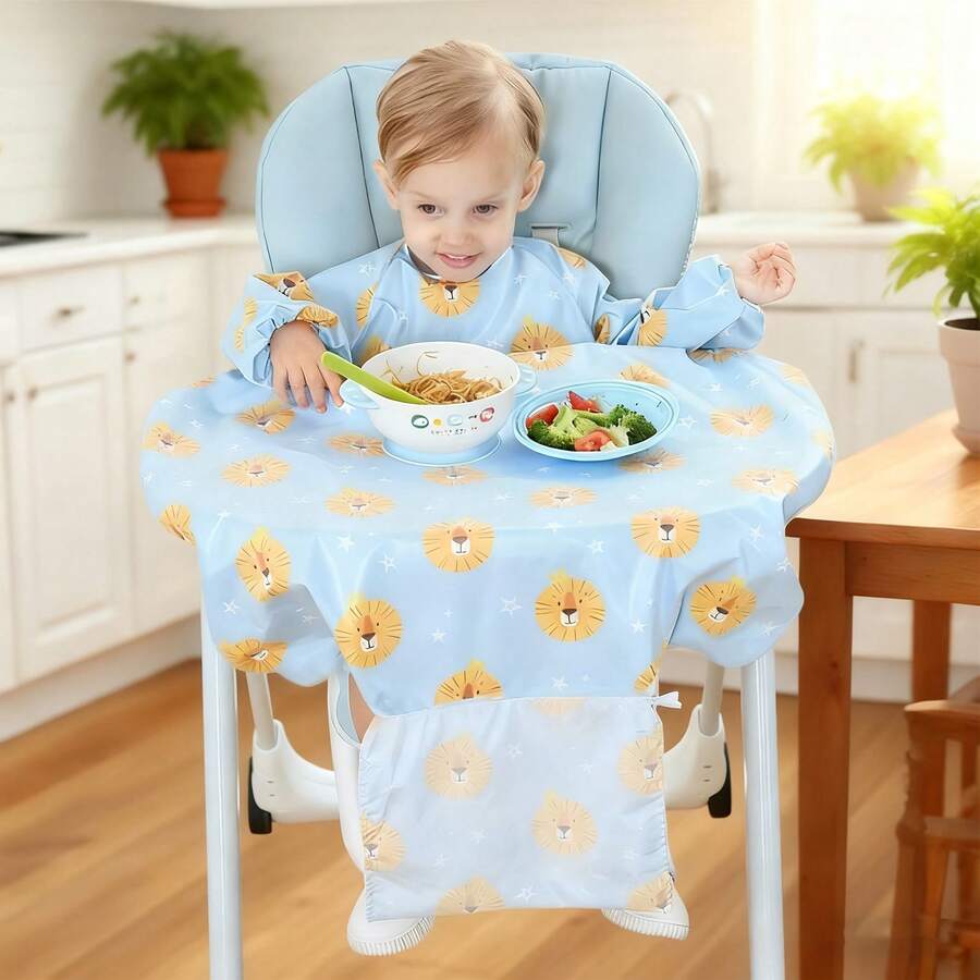 Babador de desmame, cobre totalmente a cadeira alta para criança, babador de manga comprida, confortável, lavável à máquina, babador infantil, verde e rosa, adequado para Halloween, véspera de Natal, Natal - Multicolorido - Ver 1