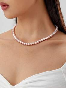 1pc 18K Gold Plated Natural Pearl Pink Necklace, Gift For Mother's Day, Valentine's Day, Wedding, Bride, Birthday - Pink - View 3