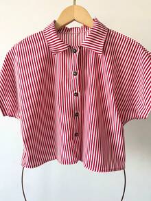ELLIE Casual Striped Printed Loose Cropped Shirt - 紅色條紋 - 查看 2