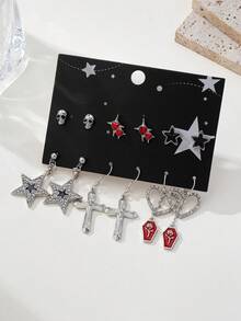 6 对哥特式骷髅、樱桃、五星玫瑰、蝙蝠翼、棺材、蜘蛛、扫帚万圣节耳环套装 - 彩色 - 查看 7