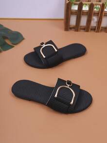 1双夏季新款条纹金扣凉鞋，女童时尚休闲露趾沙滩度假拖鞋，儿童休闲防滑平底凉鞋 - 黑色 - 查看 5