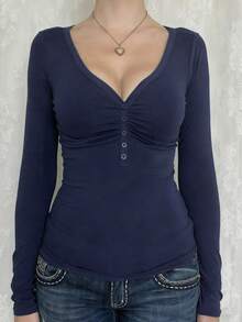GAOVOT Women's Y2K Casual Everyday Sexy Blue Fitted Long Sleeve V-Neck Top, Suitable For Valentine's Day - Blue - View 4