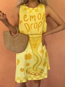 Sea Starshine Bohemian Style Summer Beach Casual Vacation Comfortable Women Lemon Cup Letter Contrast Plaid Leaf Pattern Sleeveless Dress, Brunch Outfit - Yellow - View 3