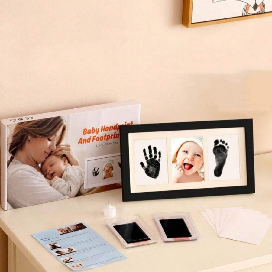 8x16 Inch Black & White Wood Grain Triptych Photo Frame With Text, Suitable For Desktop Or Wall Mounting, Photo Printing Mat Style, Footprint & Handprint Memorial Frame, Keepsake Frame, DIY Gift For New Moms