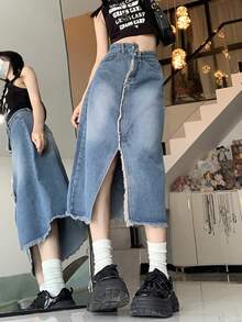 High Waist Asymmetrical Slit Denim Skirt, Slimming Frayed Hem Long Skirt For Women - Blue - View 3