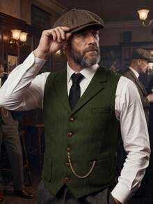 1pcs Men's Vintage Classic Herringbone Pattern Suit Vest V-Neck Casual Wool Blend Waistcoat For Men Business Casual And Formal Wear - 軍綠色 - 查看 6