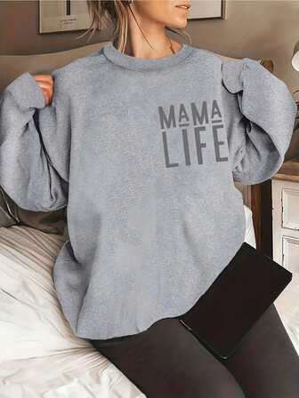 Plus Size Women's Casual "Mom Life" Graphic Crew Neck Long Sleeve Sweatshirt, Comfortable Spring/Summer/Autumn Plus Size Long Sleeve Hoodie, New Year Outerwear, Women's Holiday Outfit