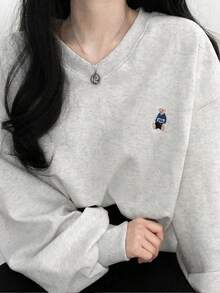 Pullover holgado de manga larga con gráfico de dibujos animados y hombros caídos - Gris Claro - Ver 2