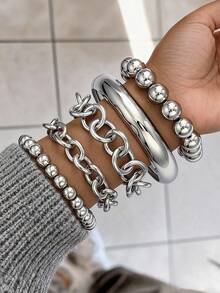 Bộ 5 vòng tay dây xích và hạt cườm kiểu cổ điển tối giản, thiết kế hình đồng xu cũ, phụ kiện dành cho nữ, thích hợp cho hẹn hò, kỳ nghỉ, trang phục hàng ngày, tiệc tùng, quà tặng lễ hội. - Bạc - Xem 10