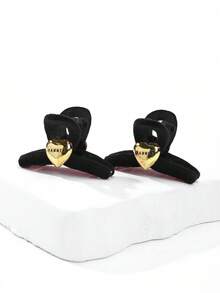 2pcs Women Black Velvet Metal Letter Heart Bow Hairclips, Small Pearl Clips, Elegant For Campus, Party, Prom, Daily Wear - Black Heart Letter Design - View 2