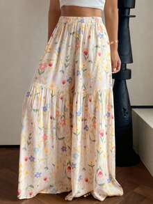 女士休闲长款阔腿裤，饰有鲜艳的花卉印花，配有口袋，采用舒适的无弹力面料制成。 - 杏色 - 查看 5