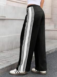 Women's High Waist Baggy Wide Leg Track Pants Drawstring Striped Palazzo Pants With Pockets - 黑色 - 查看 2