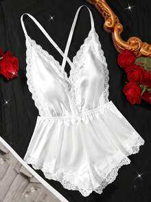 Valentine's Day Surprise Gift - Satin Lace Trim Sexy Bodysuit, Deep V-Neck Sexy Lingerie, Adjustable Spaghetti Straps, Criss-Cross Back Design - White - View 8