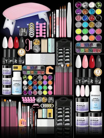 peacecolor Acrylic Nail Kit-10G Clear Pink White Nail Powder & Monomer Liquid, 4PCS Gel Polish, Gel Base Top Coat Set For Women DIY Salon Manicure Supplies Gifts