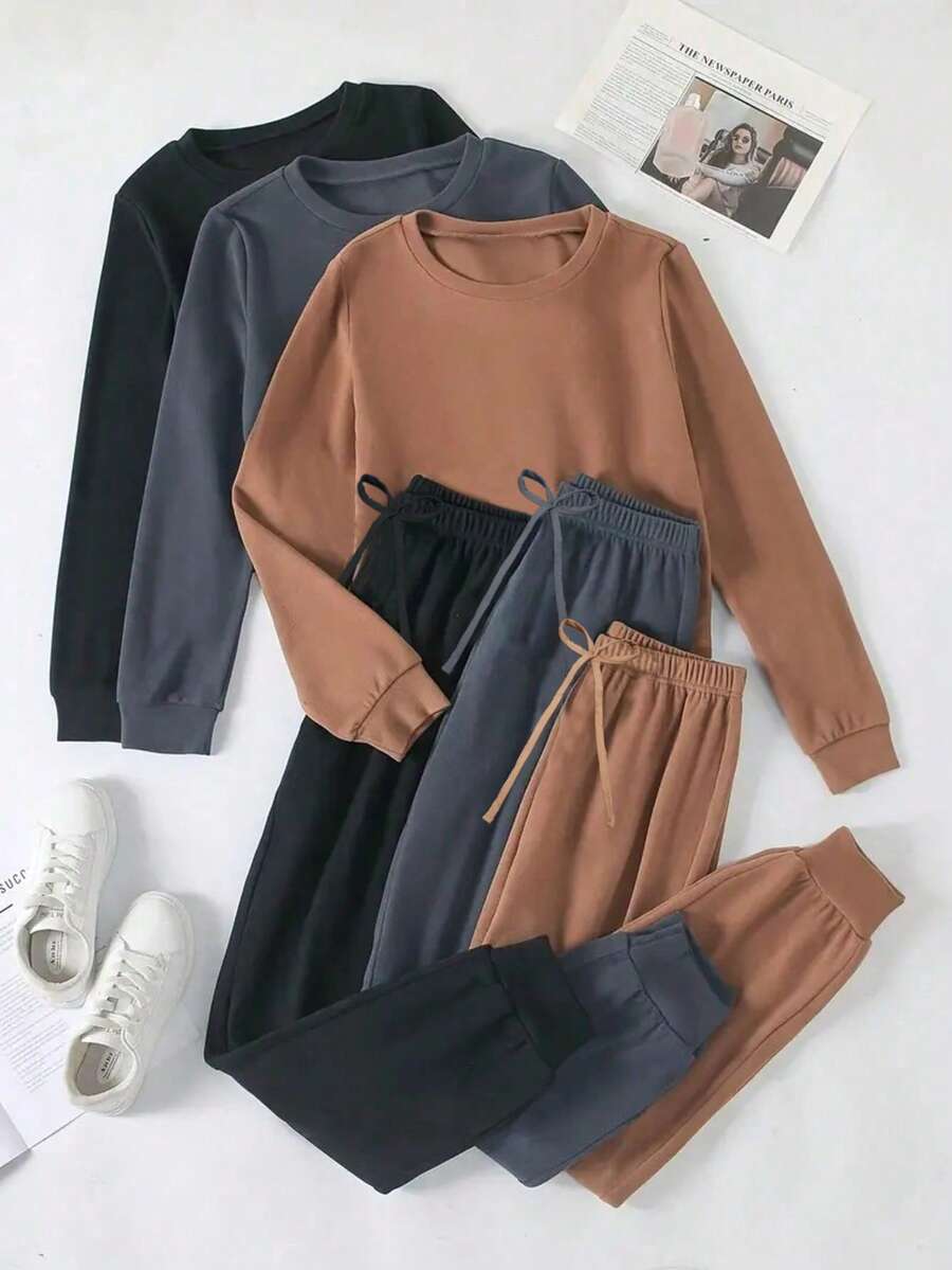 女士三件套睡衣：长袖圆领上衣和舒适抽绳长裤 - 易于打理，针织面料，适合春、秋、冬三季休闲外出和居家穿着。 - 彩色 - 查看 1