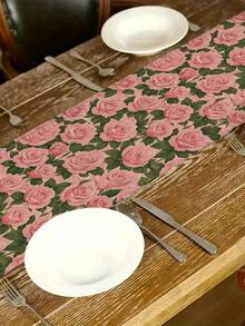 Tischläufer mit Rosenmuster (1 Stück), Tischläufer aus Leinen für den Frühling, 4 Platzsets, 1 Kissenbezug, 3 Produkte verfügbar, Frühlingsdeko für Zuhause, Partyzubehör für drinnen und Outdoor, Frühlingsdekoration, Dekoration für Zuhause, Zimmerdekoration, Partydekoration