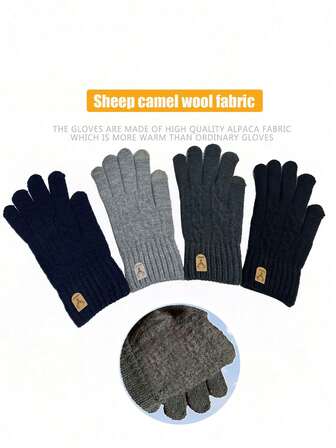 一双冬季男士黑色加厚五指针织触屏手套，保暖全指手套，适合寒冷天气，ins风防风网眼流行新款休闲时尚简约风格，适合派对、聚会、驾驶和日常使用。