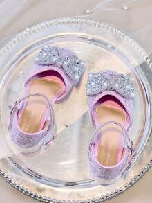 1 Pair Girls' Rhinestone Bow High Heel Sandals, Children's Glitter Closed Toe Dress Shoes Suitable For 3-12 Years Old, Party & Dance Performance