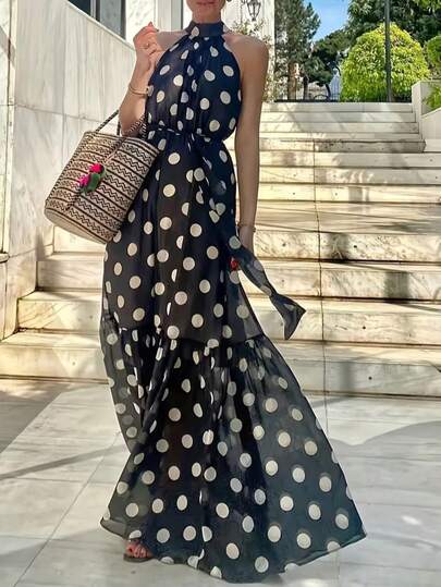 Vestido halter elegante y casual con volantes en el bajo y cintura con lazo, estampado de lunares bohemio para mujeres