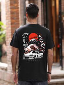 Men's Casual Versatile Simple Volcano Japanese Car Landscape Artwork Print Short Sleeve T-Shirt - Black - View 3