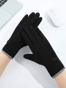 1pair Fleece-Lined Winter Warm Gloves - Devon Touchscreen Design, Stylish Black, Cold Weather Warmth, Convenient For Phone Use In Cold Days - Black - View 2