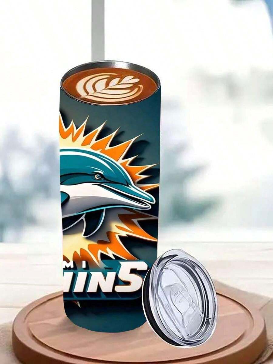 1pc 20oz Tumbler With Lid And Straws - Insulated Cup - Travel Coffee Mug - Dynamic Dolphin Emblem Art - Ideal Father's Day, Sports Season, Birthday - Suitable Car - Dad, Friends, Sports Fans Christmas Gifts - màu đen - Xem 1