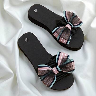 Women's Bow Embellished Casual Flats - Strappy Back EVA Sole Round Toe Slip-On Sandals With Fabric Inner, Flax Upper & Mid Heel For All Seasons - Hand Washable