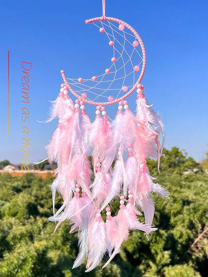 1件创意月亮造型捕梦网粉色系列挂饰，羽毛吊坠，旅行景点装饰品，汽车装饰，送朋友的礼物
