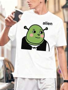 T-shirt hom me humoristique avec imprimé graphique extraterrestre, tissu de haute qualité, col rond, coupe confortable, style hip-hop urbain. - Blanc - Voir 1