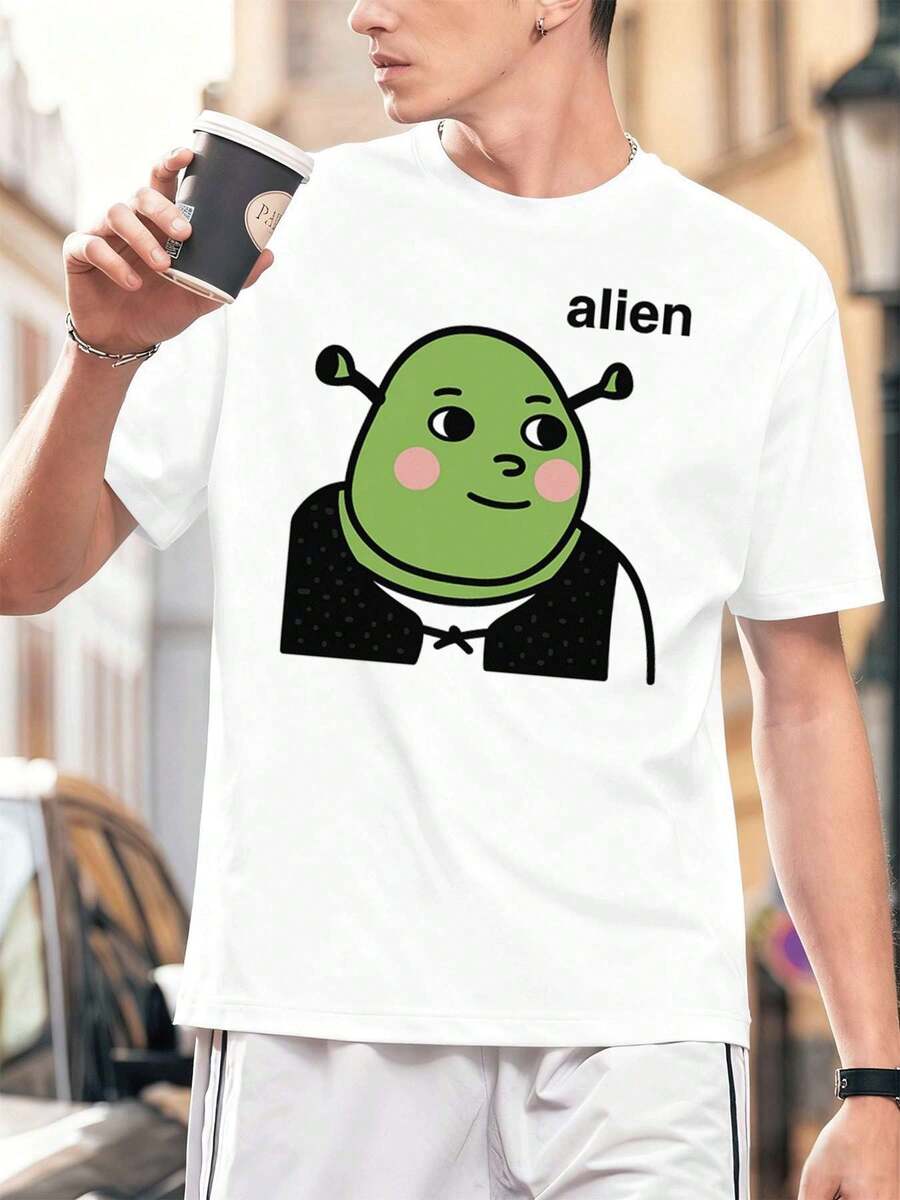 T-shirt hom me humoristique avec imprimé graphique extraterrestre, tissu de haute qualité, col rond, coupe confortable, style hip-hop urbain. - Blanc - Voir 1