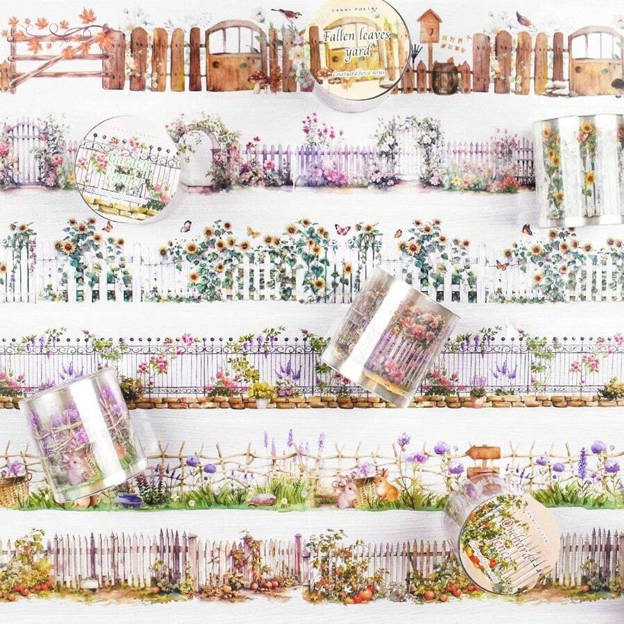 6Rolls Floral Washi Tape Set PET 40mm Wide Washi Sticker Junk Journaling Stickers Flower Scrapbook Stickers Vintage Washi Tapes Scrapbooking Supplies Decorative Tape Crafts, 6.6ft Long - 花園 - 查看 1