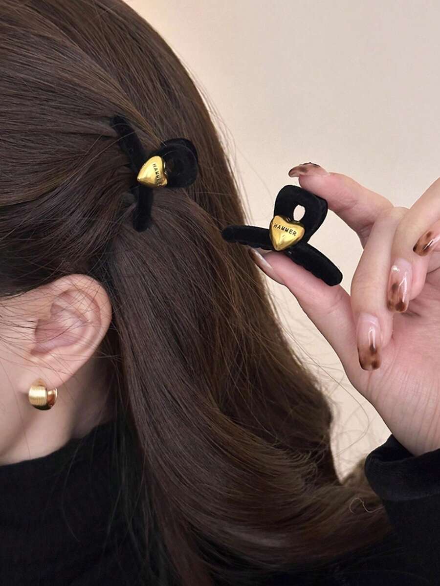2pcs Women Black Velvet Metal Letter Heart Bow Hairclips, Small Pearl Clips, Elegant For Campus, Party, Prom, Daily Wear - Black Heart Letter Design - View 1
